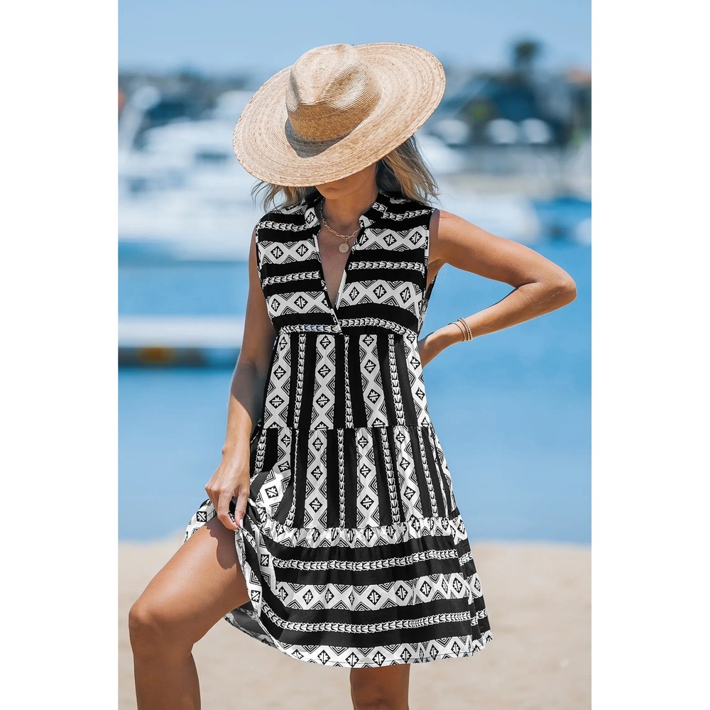 CUPSHE Black Whiteβ Geometric Tribal Print Tiered Sleeveless Mini Dress S NEW